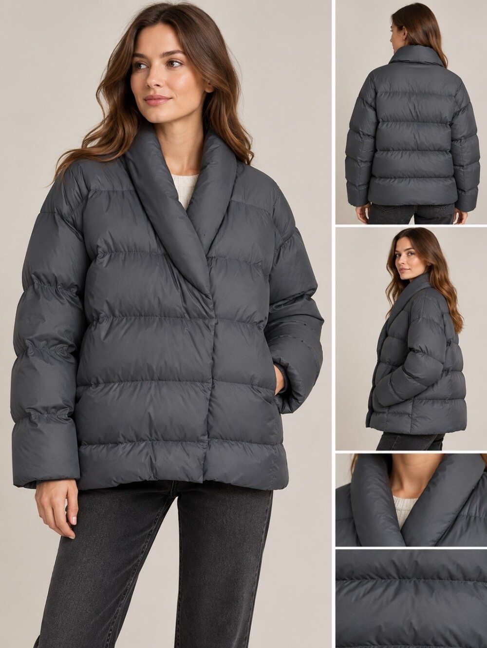 Women's Shawl Collar Down Puffer Jacket - Gray